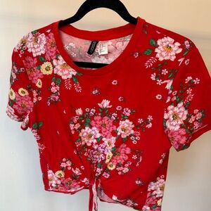 Red Floral Tie-Front Crop Top